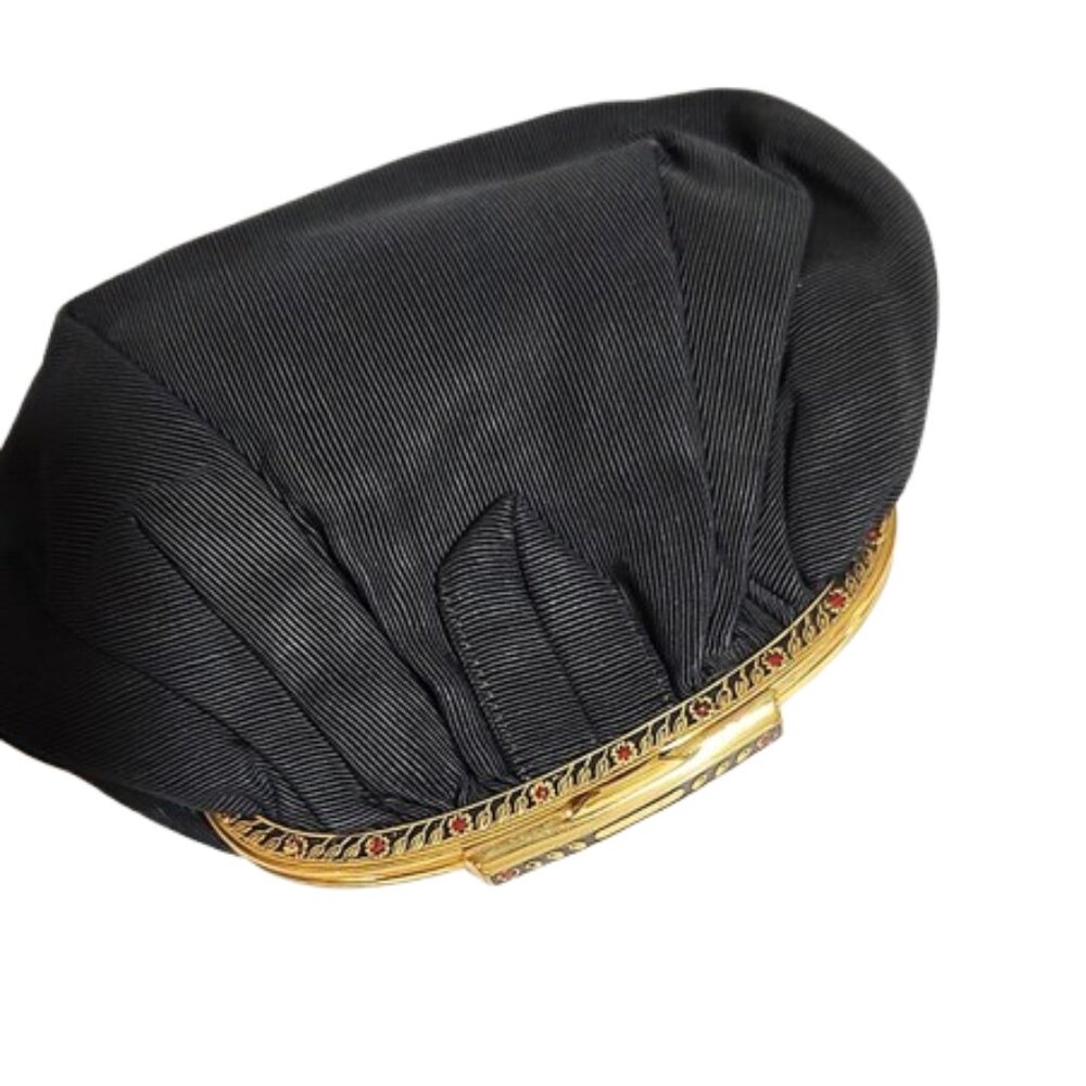 Small 1950s Vintage Black Fabric Clutch Handbag With A Gold Frame & Red Stones